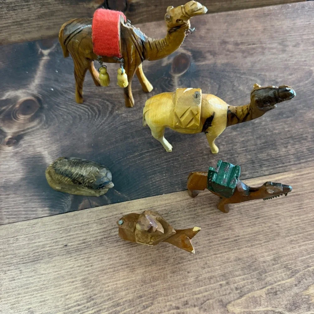 Vintage Hand Carved Olive Wood Nativity Animal Figurines Set of 5 Camels Donkey
